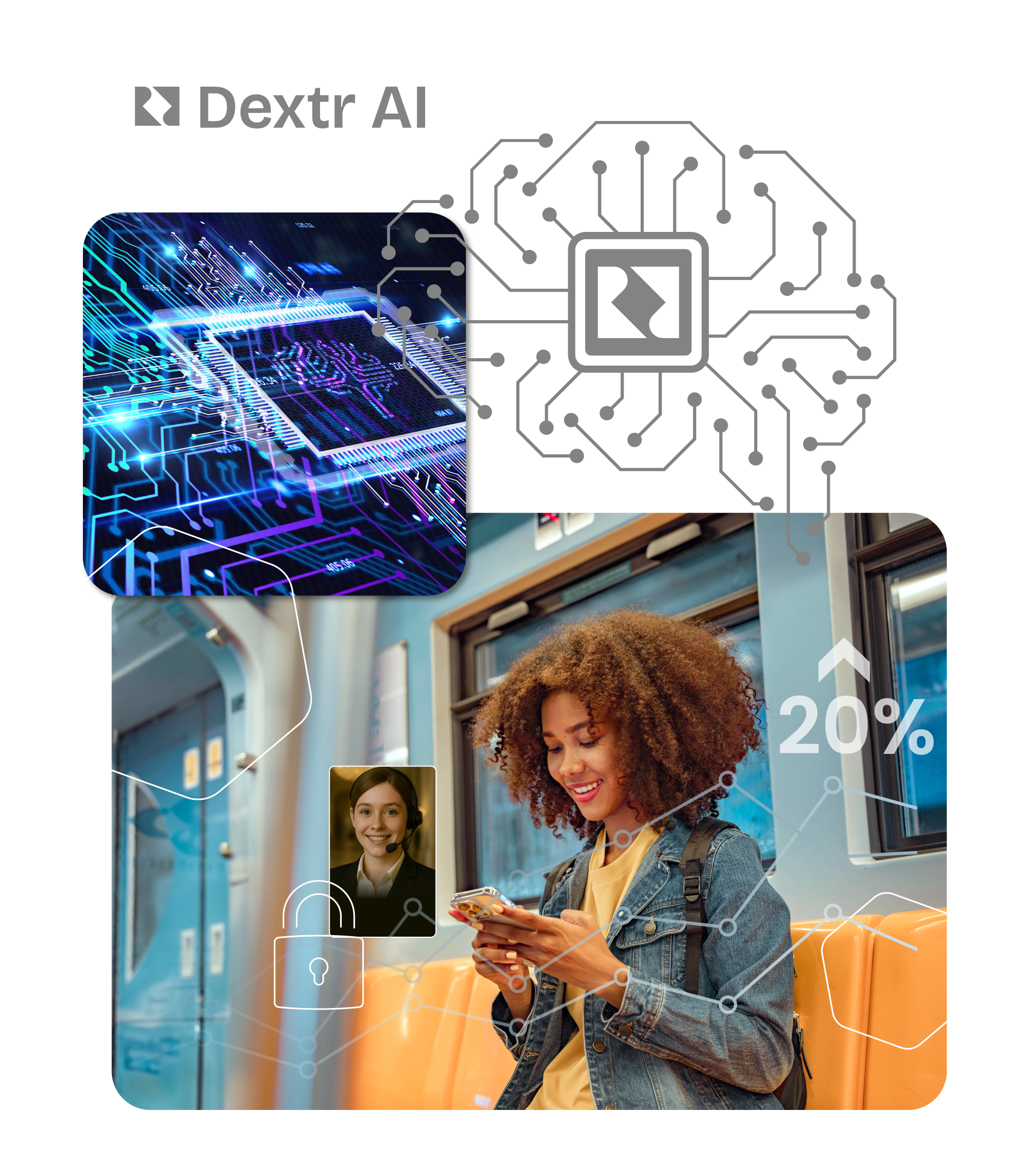 Dextr AI graphic: woman on train using phone, AI image overlaying a face, and a circuit board.
