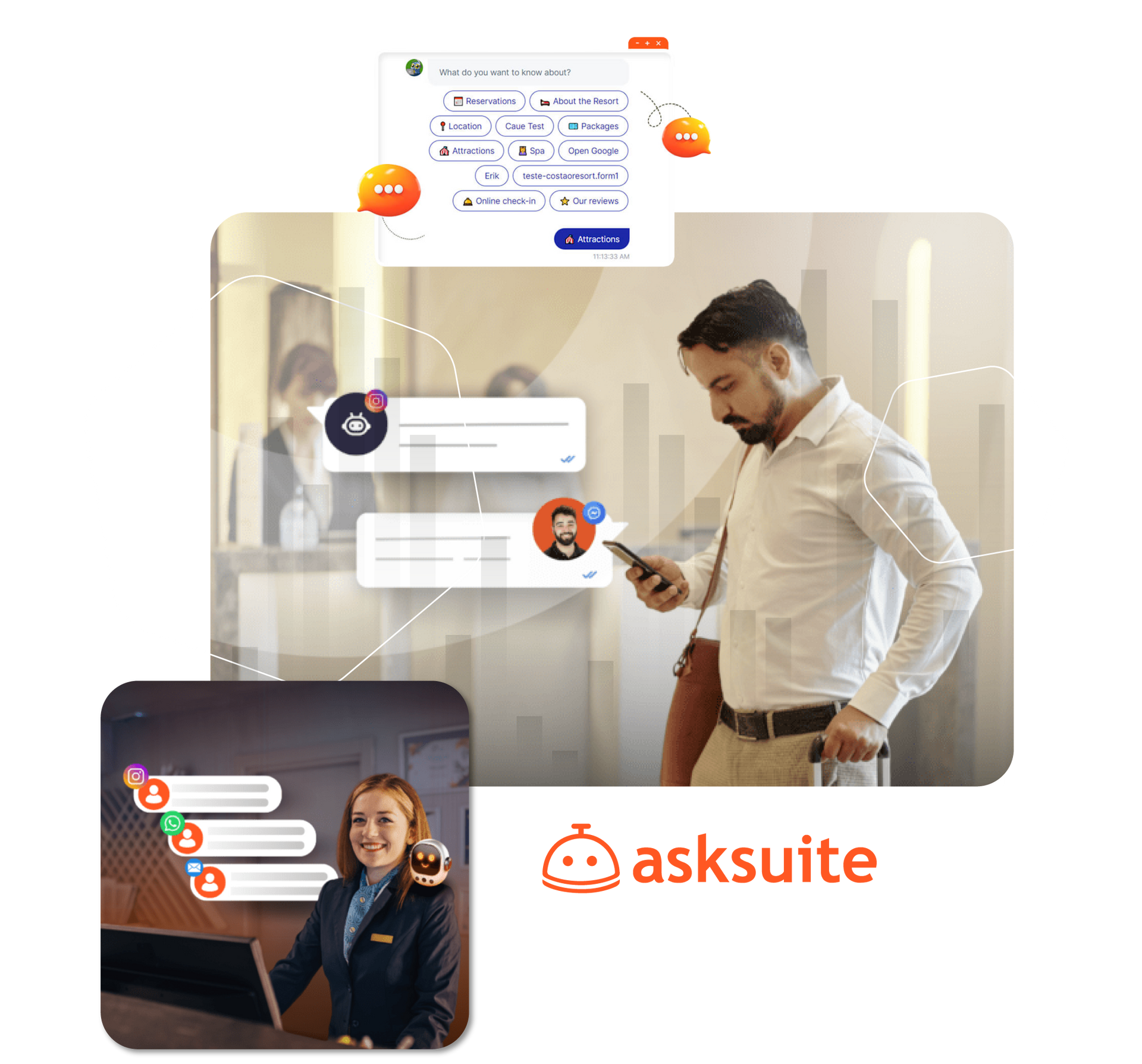 Man using phone in a hotel; front desk agent assisting guests via chat. asksuite logo present.
