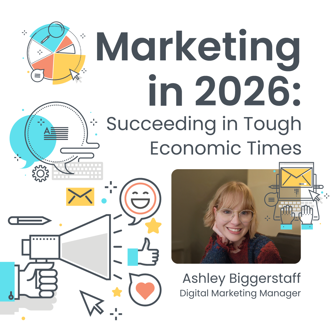 Marketing in 2026: Ashley Biggerstaff, Digital Marketing Manager. Promoting ideas with icons: megaphone, email, and charts.