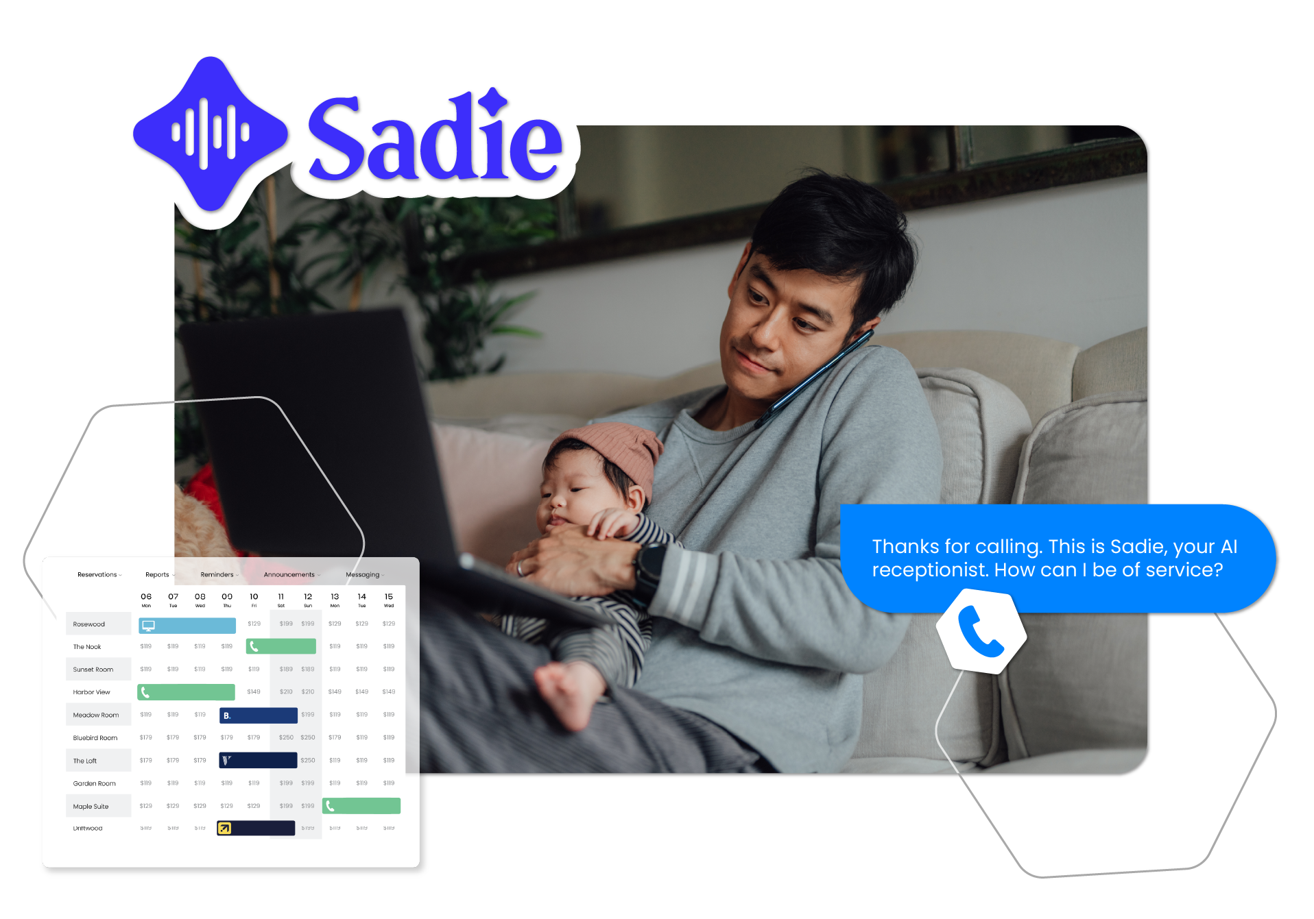 Sadie logo with a man and baby on a couch, plus a scheduling app screenshot and a blue chat bubble