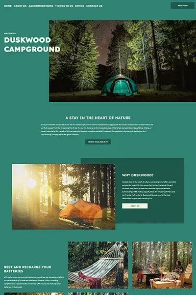 A landing page for duskwood campground shows a tent in the woods.