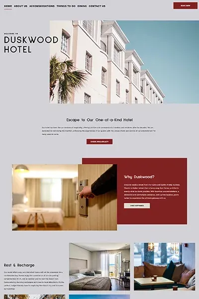 A screenshot of the duskwood hotel website.
