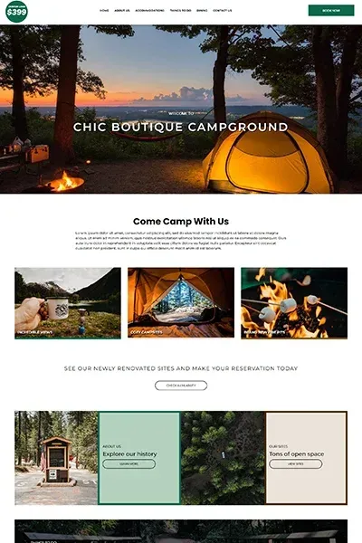 A screenshot of the website for chic boutique campground.