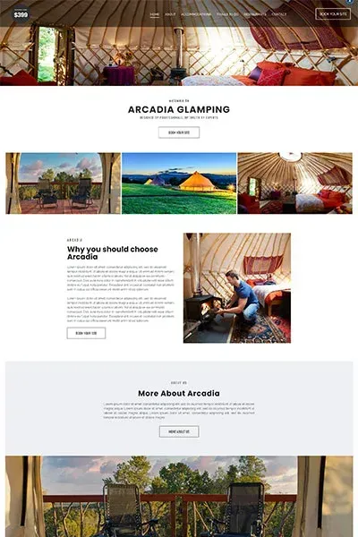 A screenshot of the website for arcadia glamping.