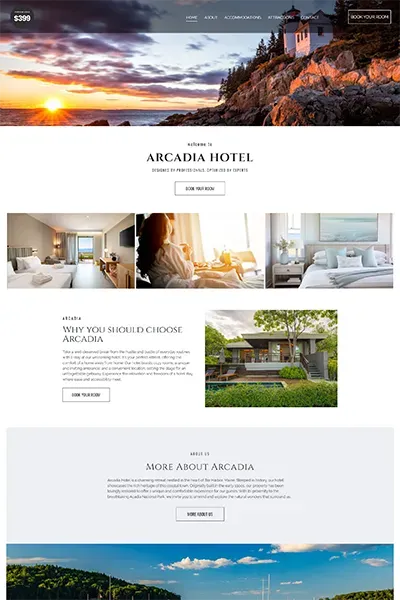 A screenshot of the website for the arcadia hotel.