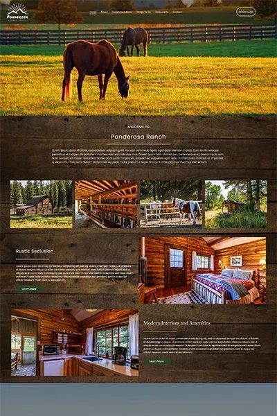 A horse is grazing in a field next to a log cabin.