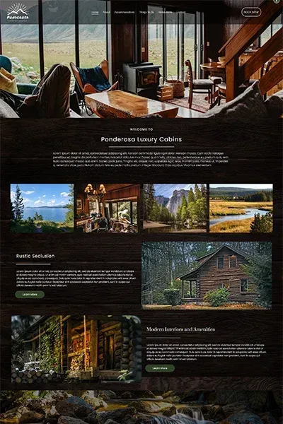 A screenshot of a website with a log cabin.