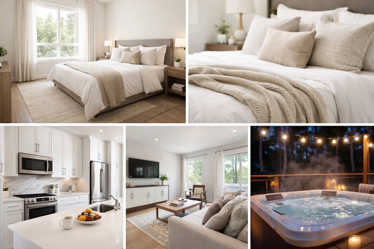 Collage of a modern home interior featuring a bedroom, kitchen, living room, and a hot tub on a deck with string lights.