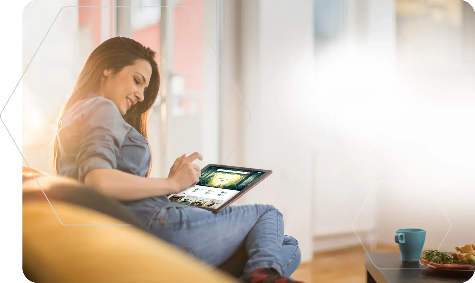 Woman sits on couch, using tablet with Airbnb, sunlit living room.