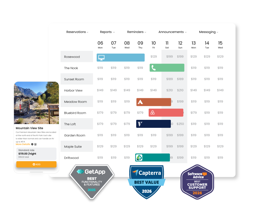 Dashboard with time slots and user activity, plus awards and outdoor photo.