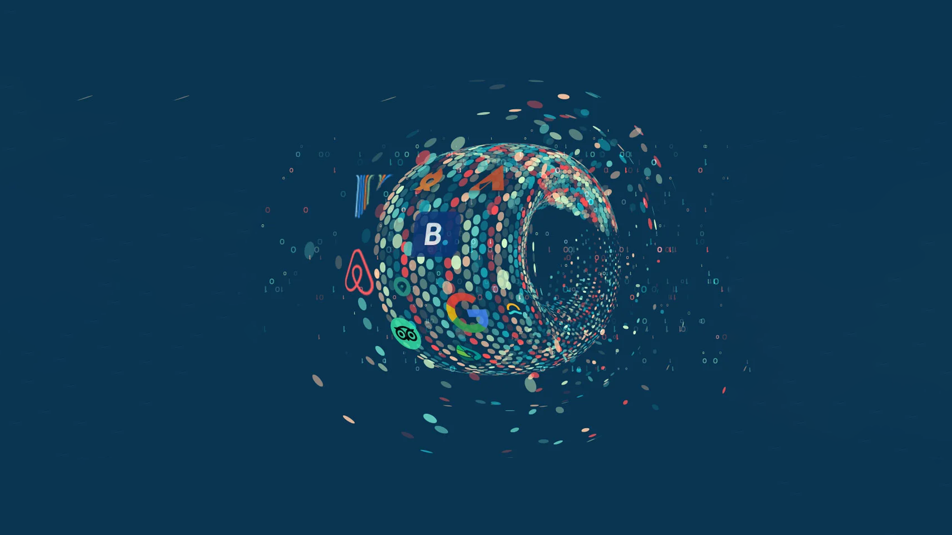 A colorful sphere with the letter b in the middle of it on a blue background.