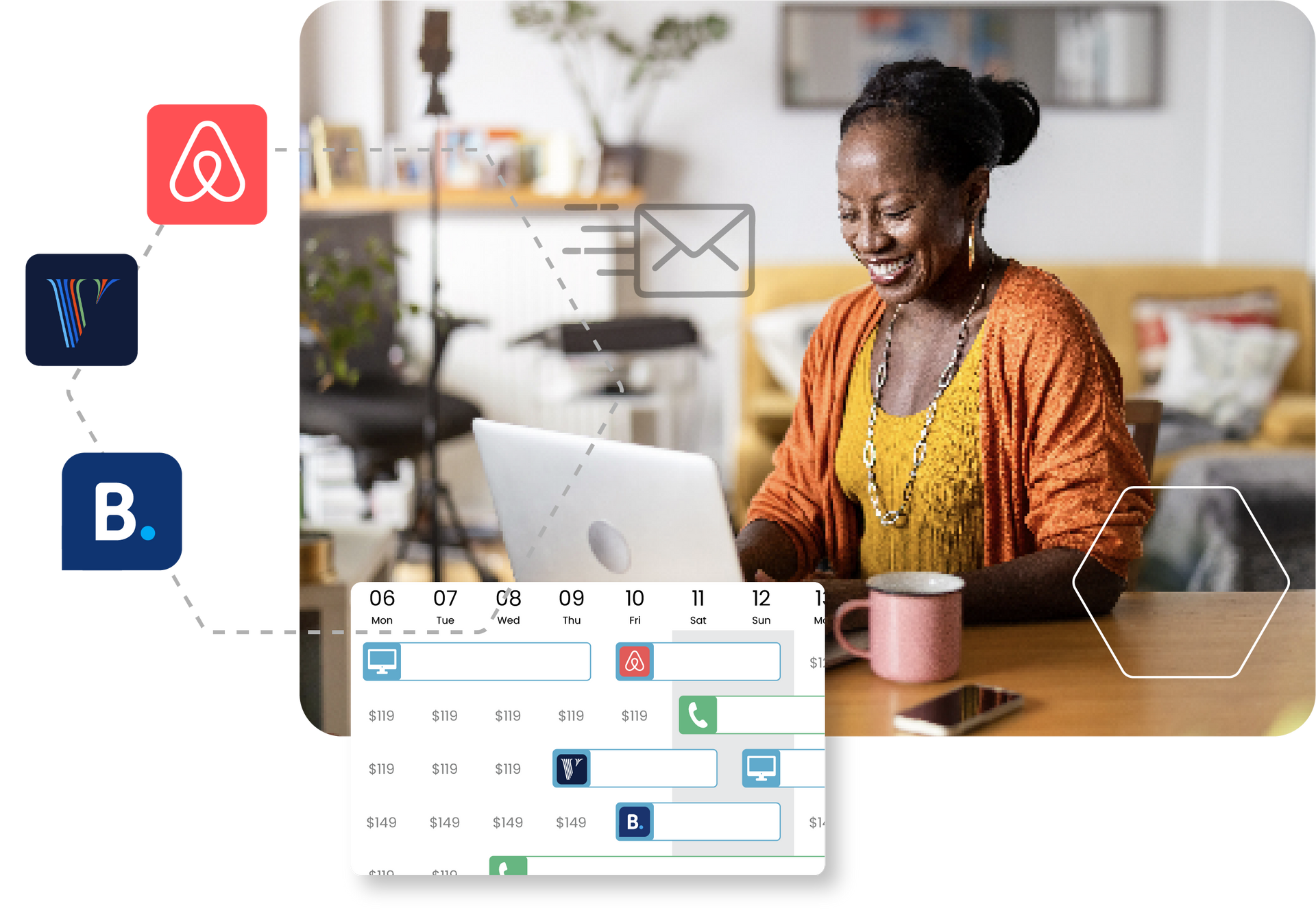 Person typing on laptop, with digital icons overlaid. Woman on phone with price options.