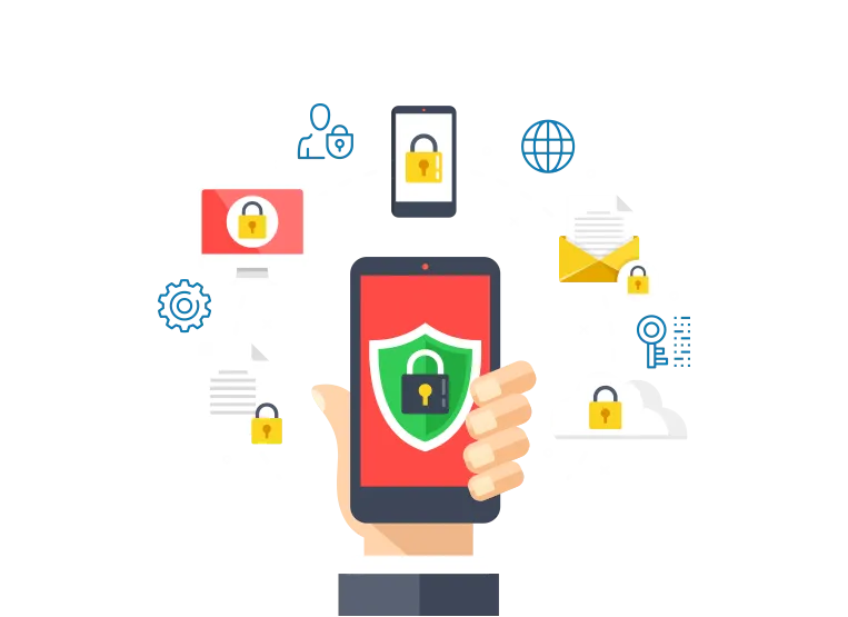 A hand is holding a cell phone with a shield and a padlock on it.