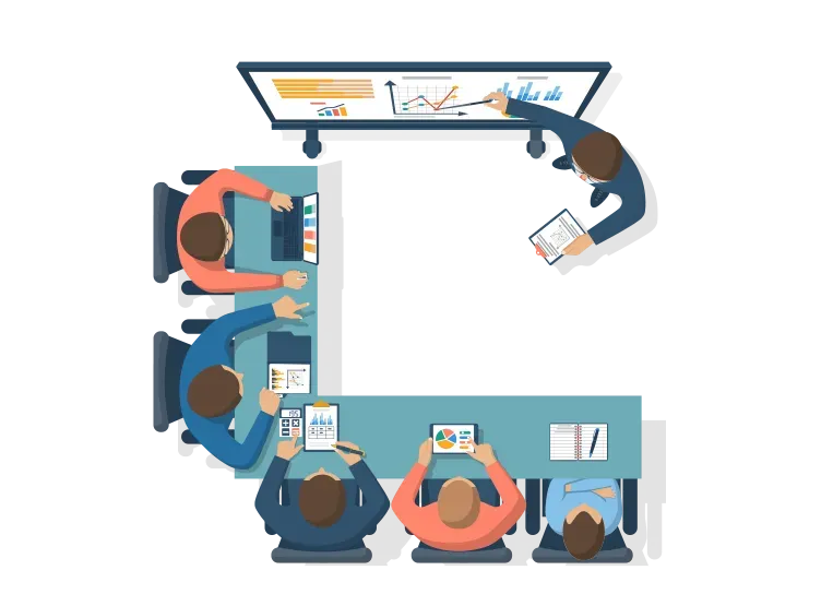 A group of people are sitting around a table having a meeting.