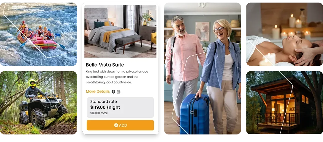 A collage of pictures of a man and woman walking with a suitcase.