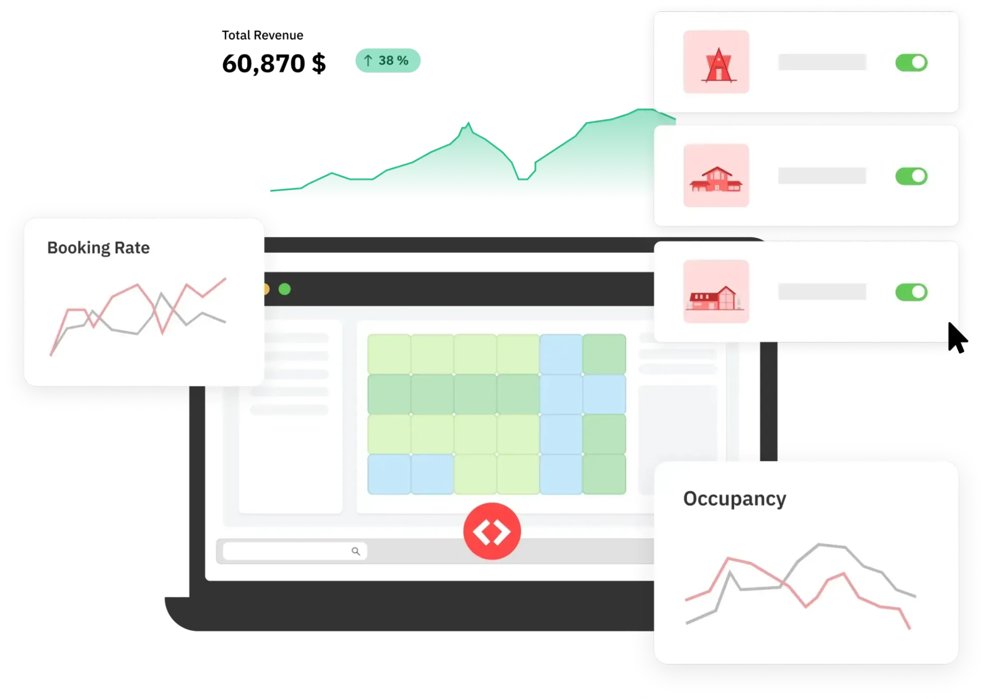 illustration of PriceLabs reports and toggles in front of a laptop