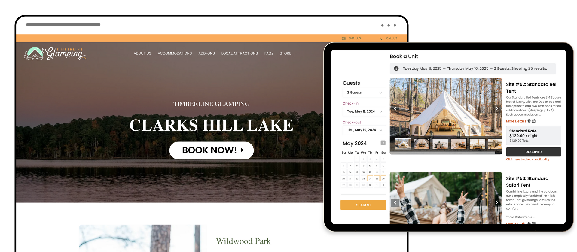 A tablet and a laptop are displaying a website for clark 's hill lake.