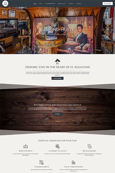 Website homepage for a historic hotel showcasing interior with elegant furniture.