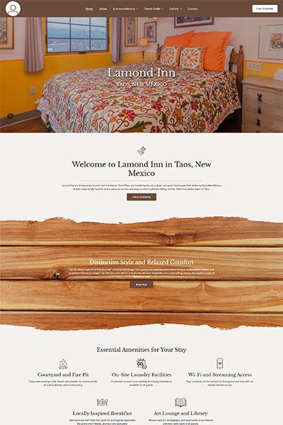Homepage of Lamond Bed and Breakfast. Features a guest room, welcome text, and amenities icons.