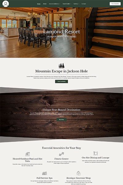 Resort website homepage with interior photo of dining area and a staircase.