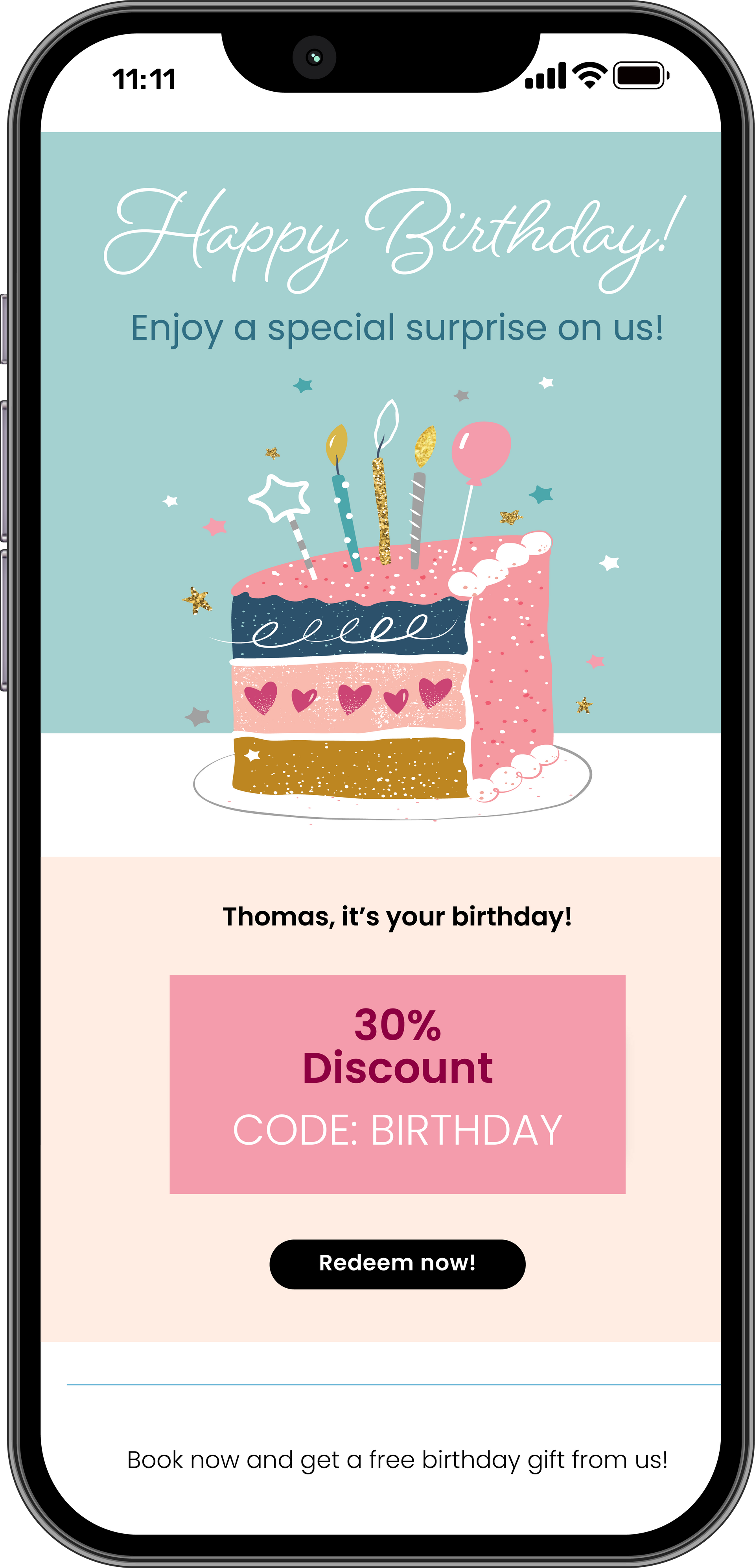 A cell phone with a happy birthday email on the screen.