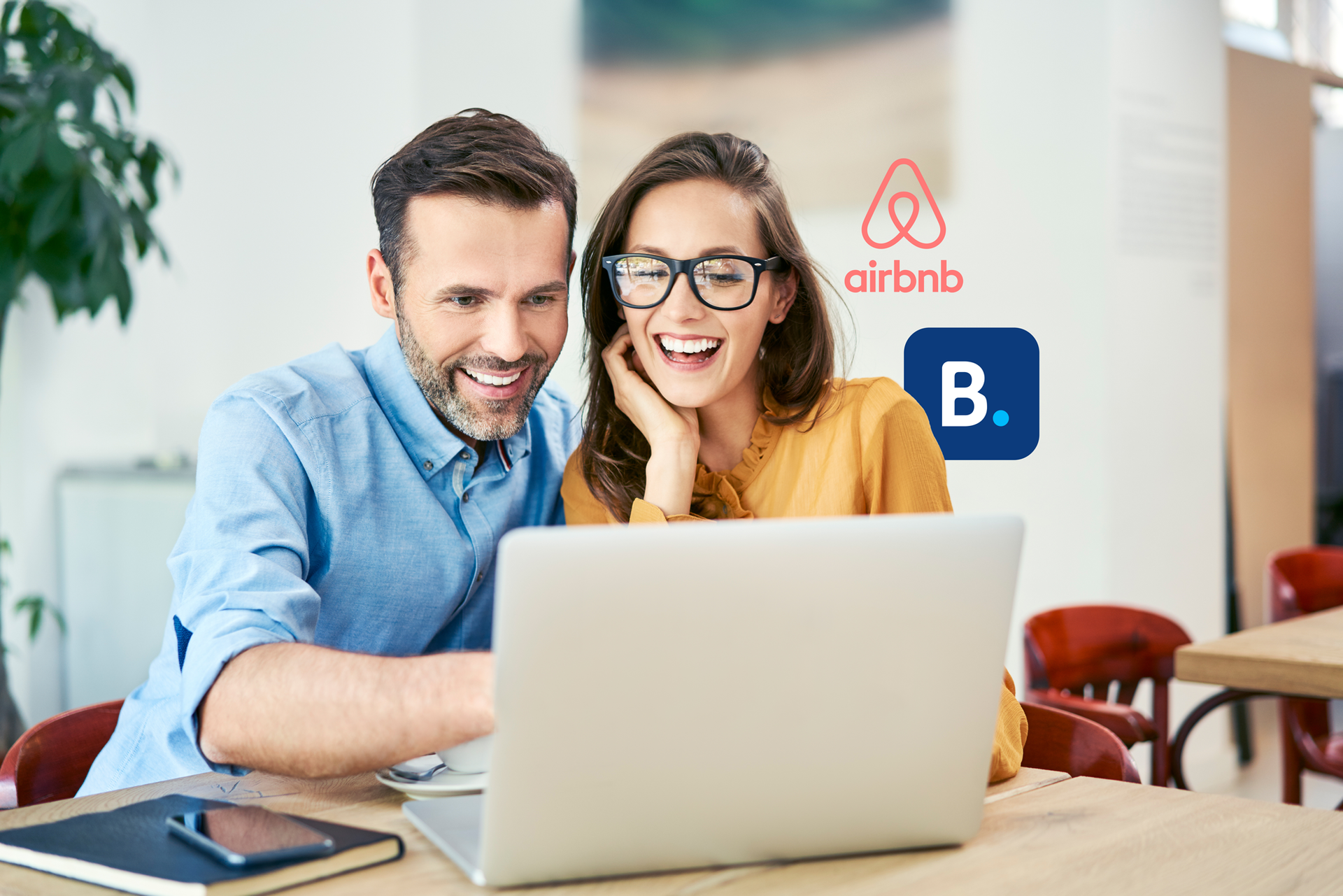 Couple smiling while looking at a laptop, Airbnb and Booking.com logos.