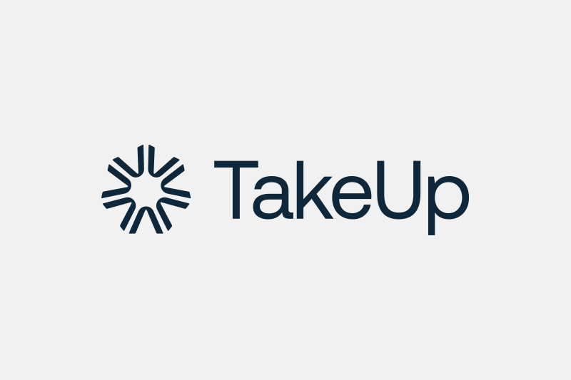 TakeUp logo with a stylized asterisk shape and the company name in dark blue.