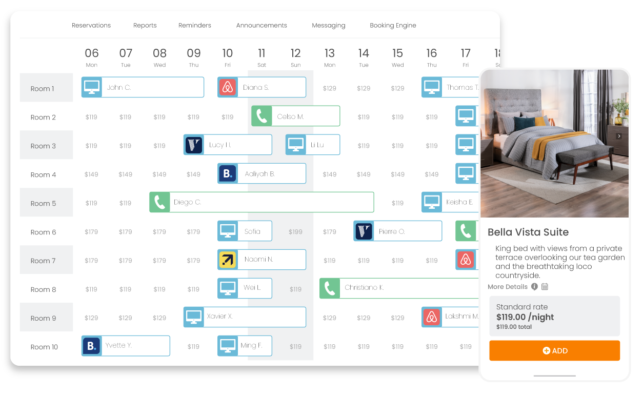 A reservation calendar showing a variety of units and bookings and a mobile phone showing a booking engine with a bedroom.