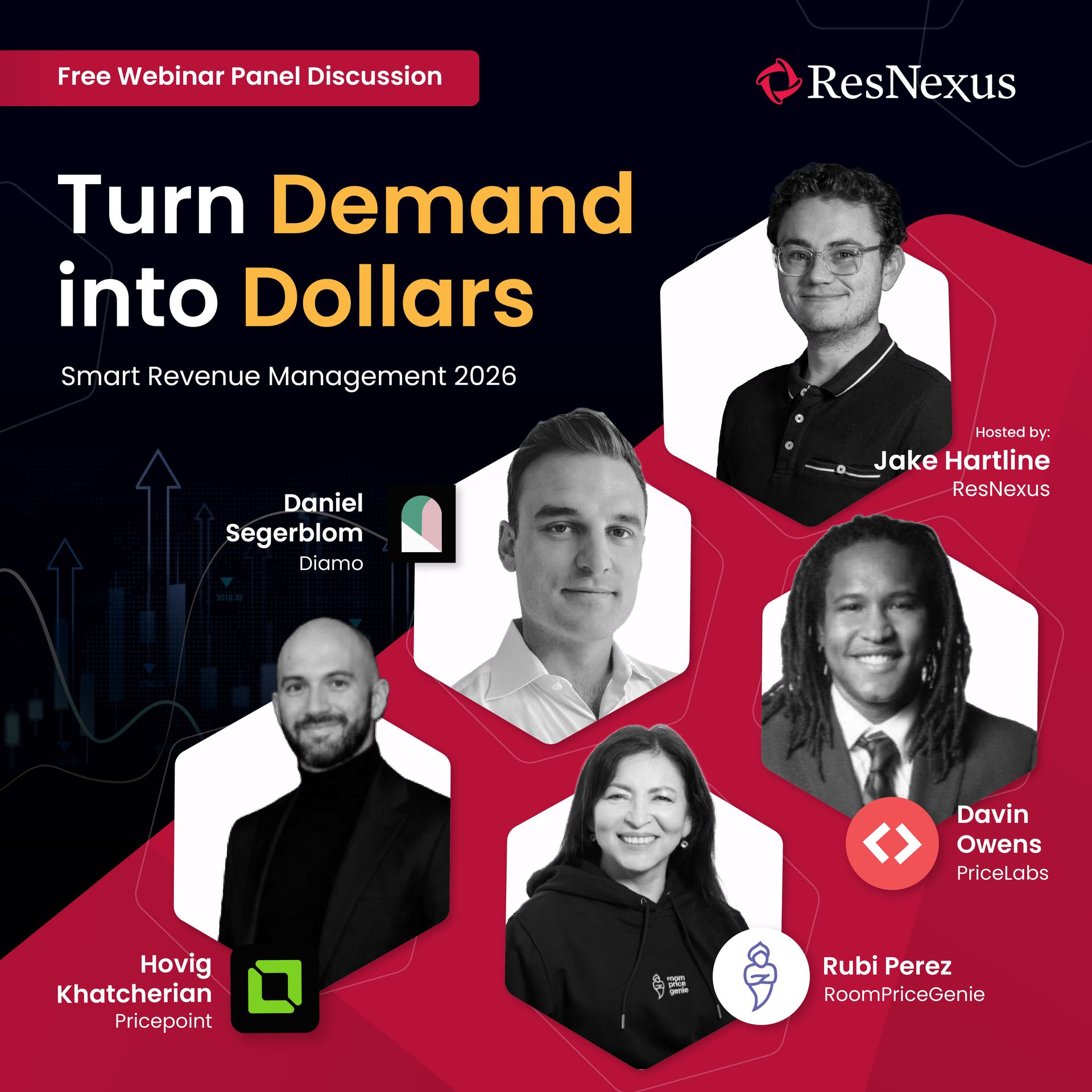 Webinar promo: “Turn Demand into Dollars” with five speaker headshots on a dark red and black background.