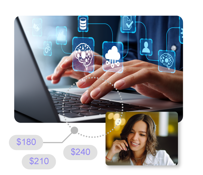 Person typing on laptop, with digital icons overlaid. Woman on phone with price options.