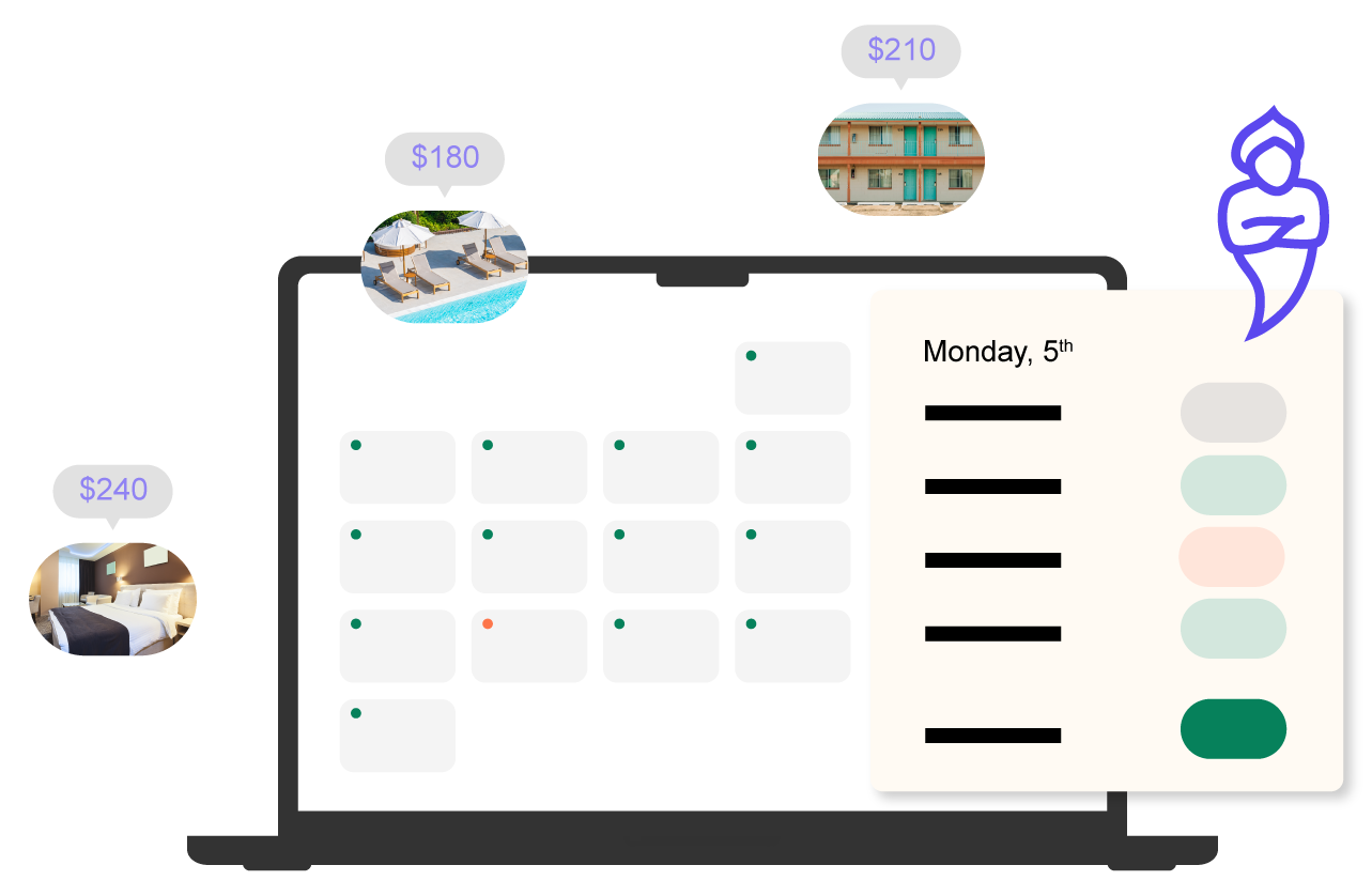 illustration of RoomPriceGenie reports in front of a laptop