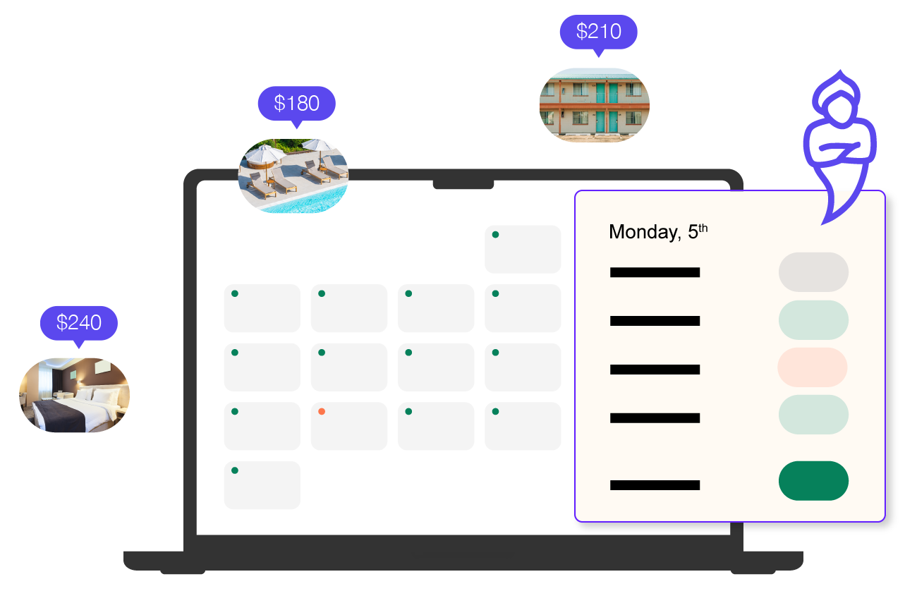 illustration of RoomPriceGenie interface and reports in front of a laptop with comparison pricing