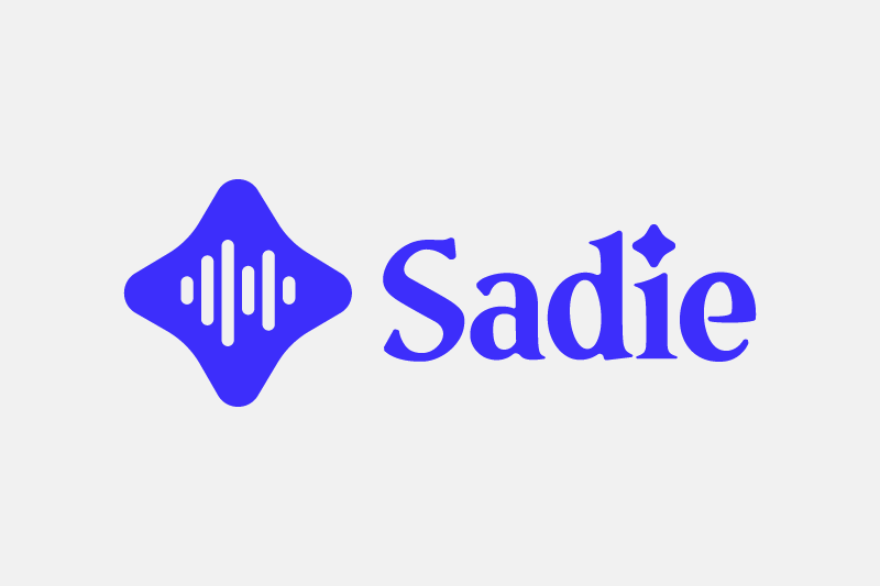 Purple Sadie logo with a diamond icon and waveform lines on a white background