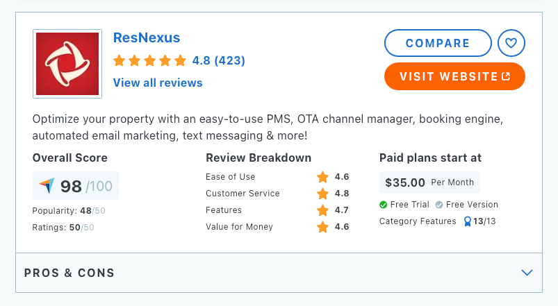 ResNexus Capterra reviews
