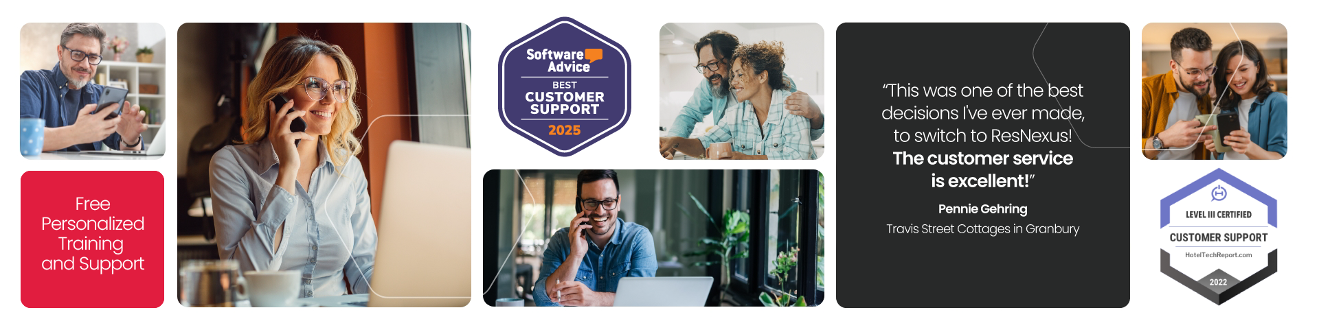 A collage of pictures of people talking on and using cell phones, and badges that say best customer support.