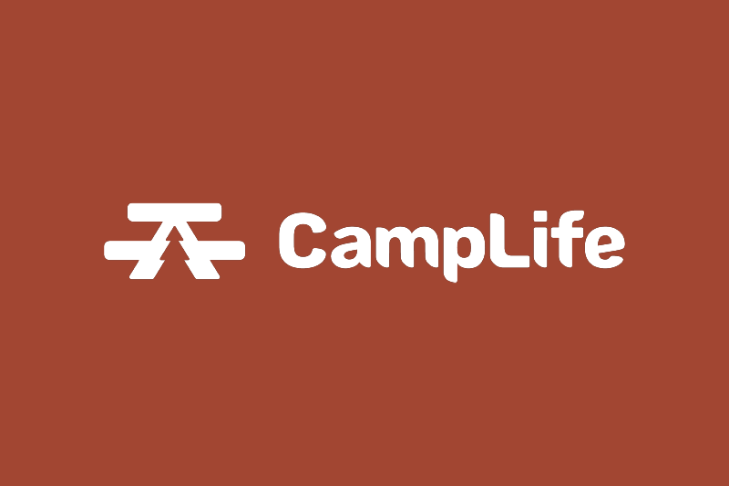 The camplife logo is on a red background.