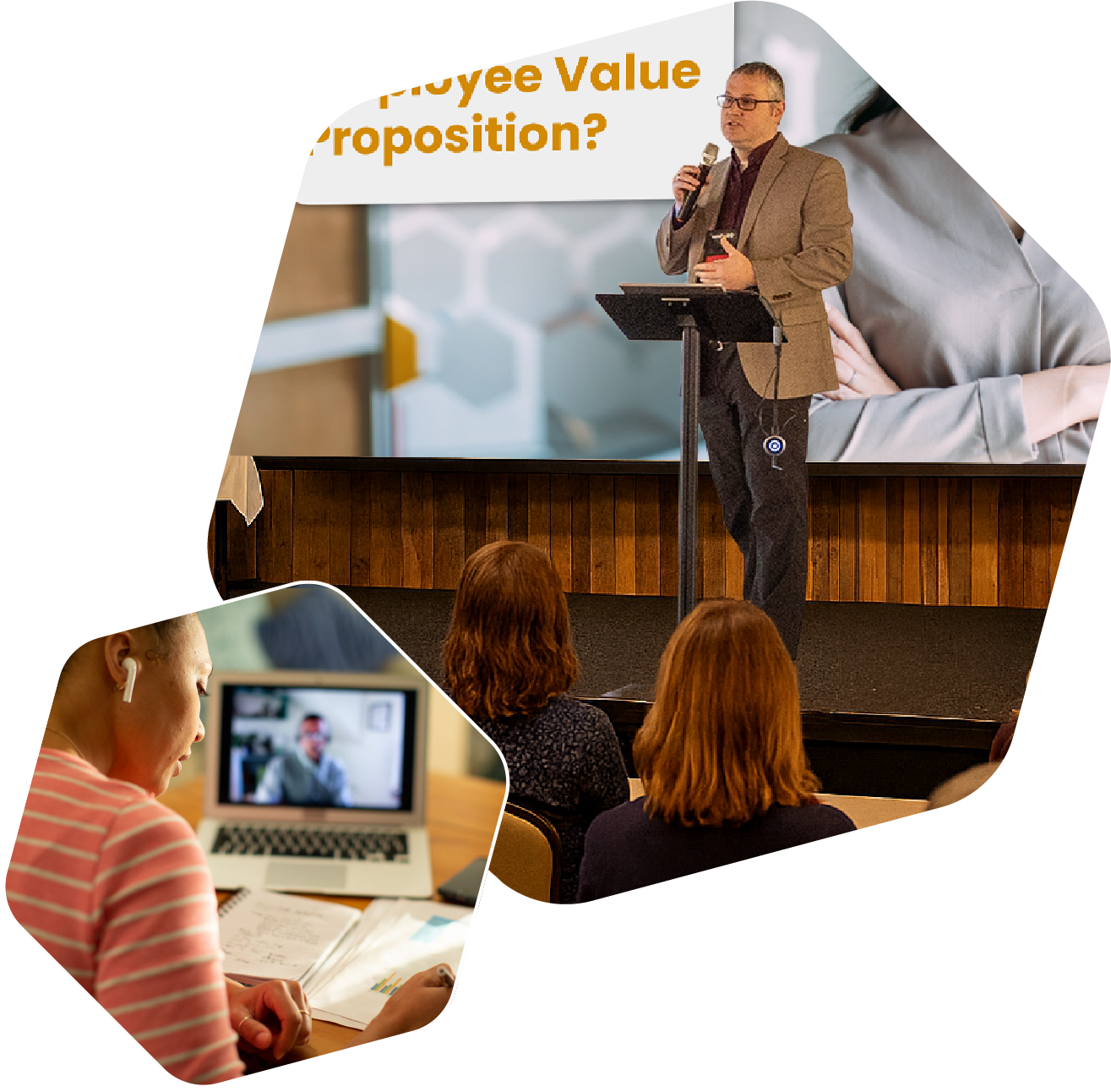 Man giving a presentation, audience listening. A woman watches on a laptop.