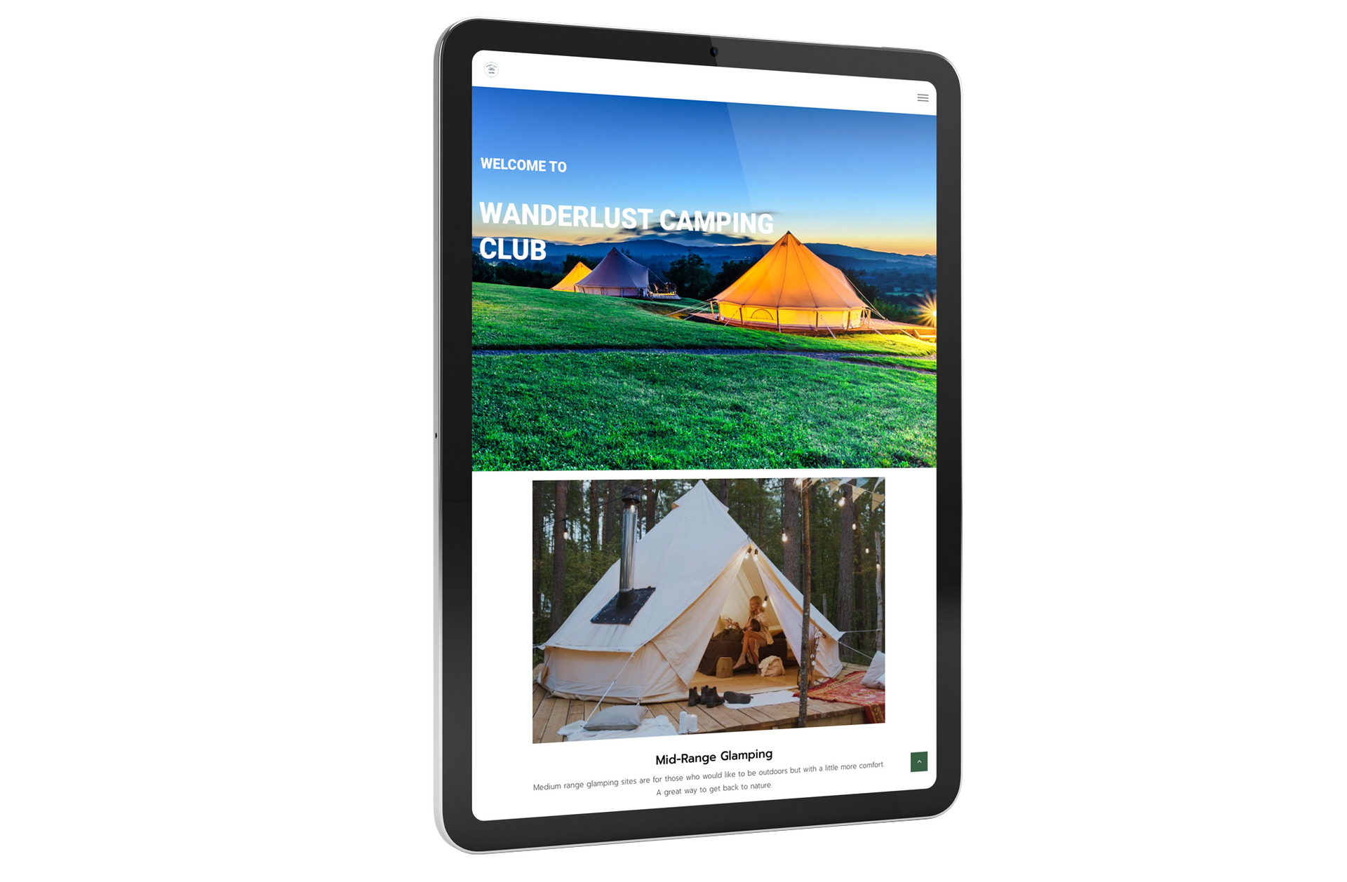 Tablet displaying the website for Wanderlust Camping Club, with a photo of illuminated tents on a grassy hillside.