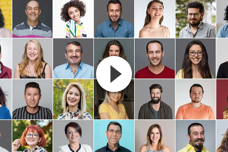 A collage of people 's faces with a play button in the middle.