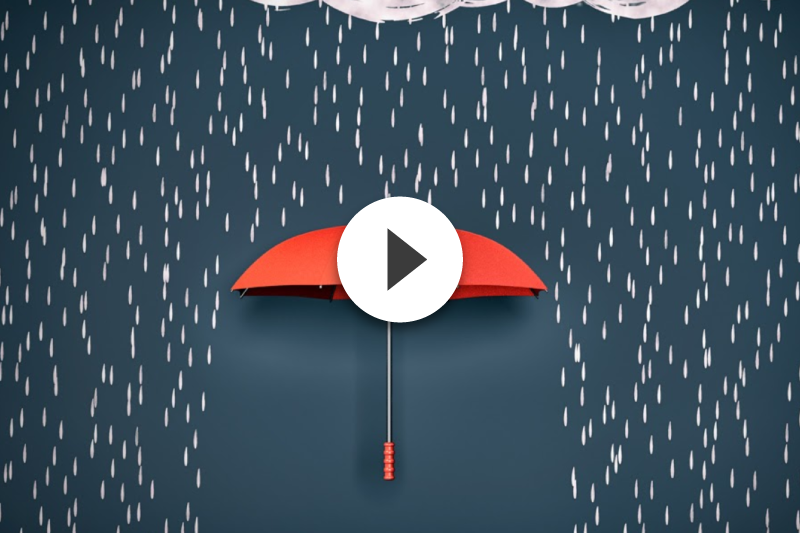 A red umbrella in the rain with a play button.