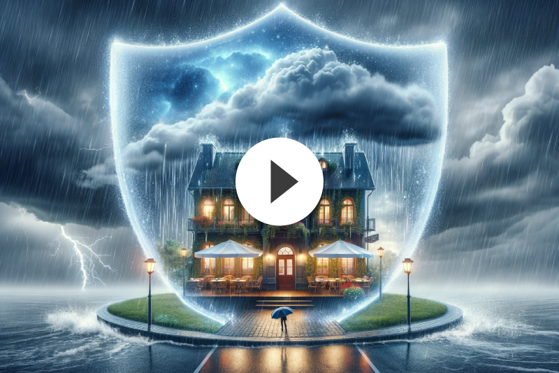 A house is protected by a shield in the rain.