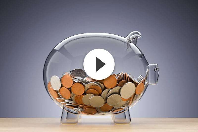A piggy bank filled with coins.