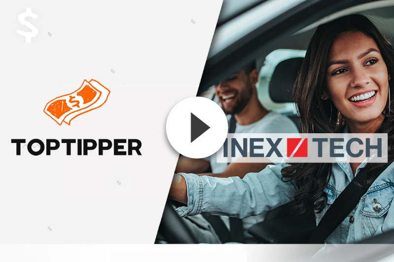 A woman is sitting in a car next to a man and the words top tipper inex tech. 