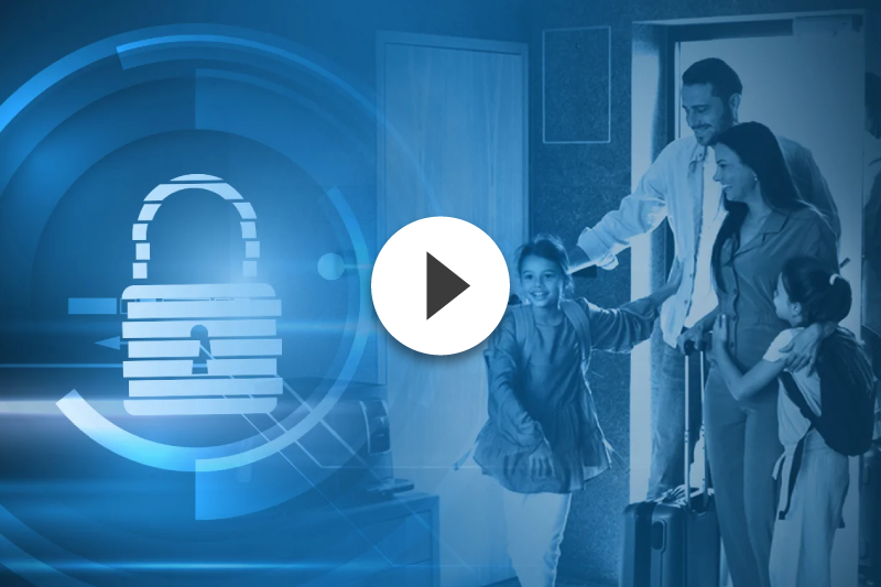 A family is standing in a doorway with a padlock in the background.