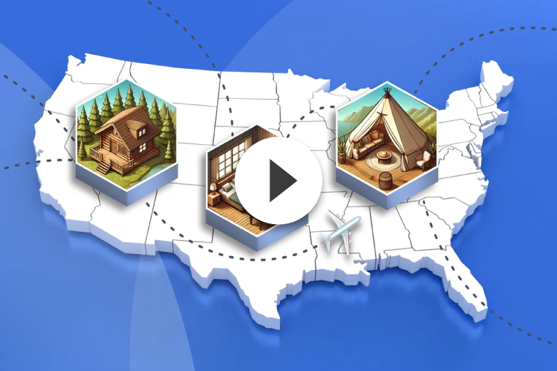 A map of the united states with a play button on it