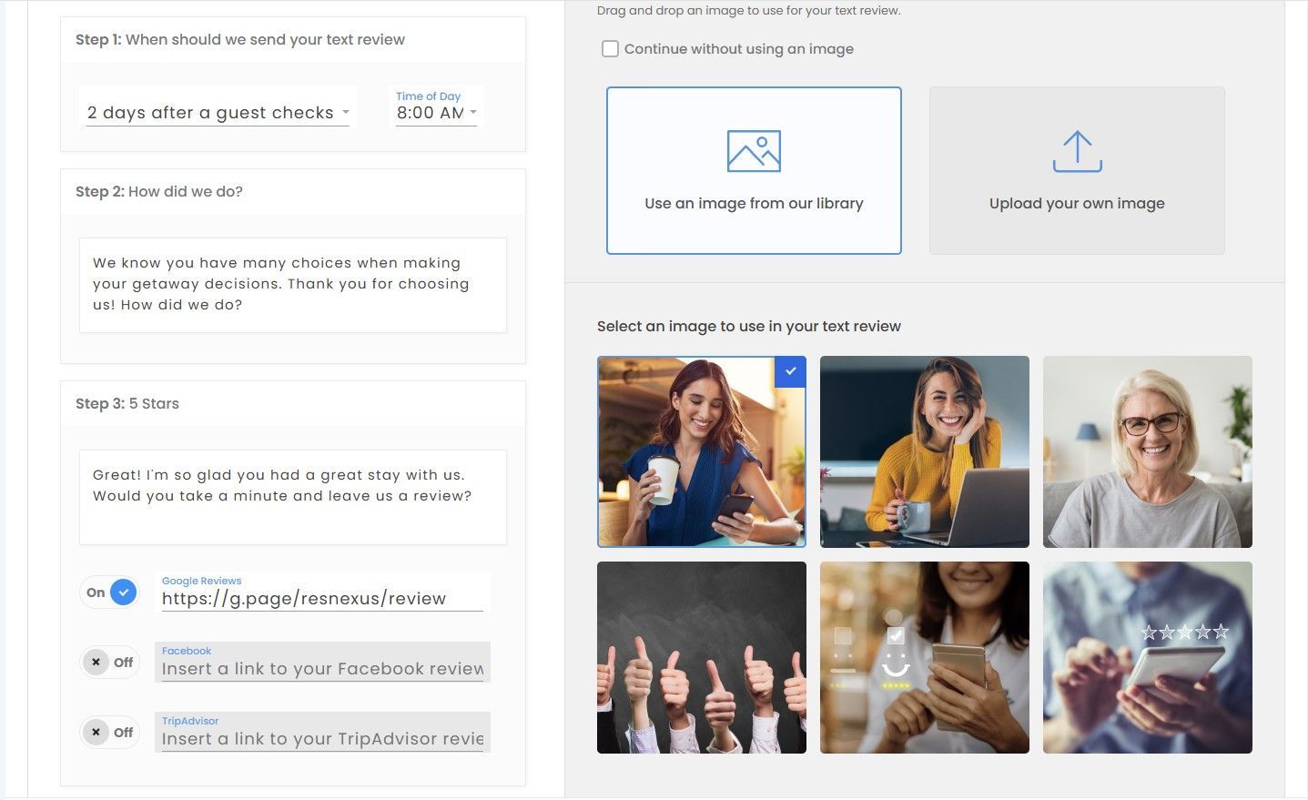 A settings interface for adding a profile image with text fields, a file uploader, and a grid of six stock photo options.