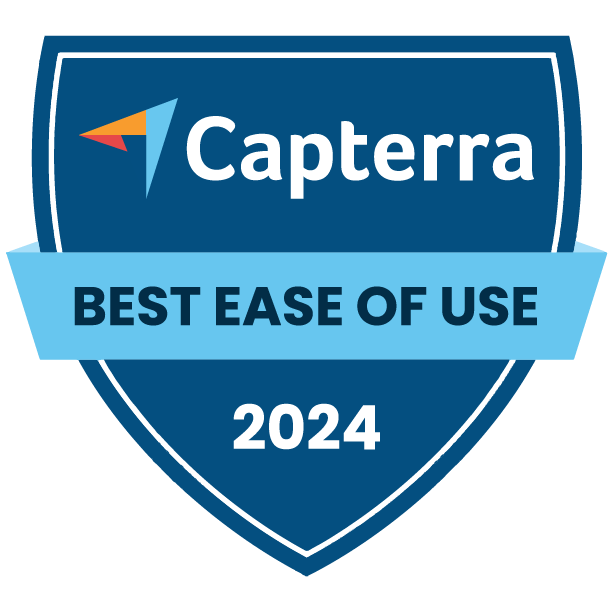 A blue shield with the words `` capterra best ease of use '' written on it.