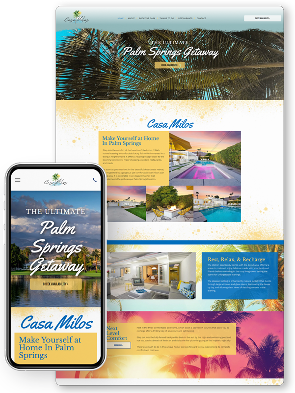 Website preview featuring Casa Milos in Palm Springs on desktop and mobile.