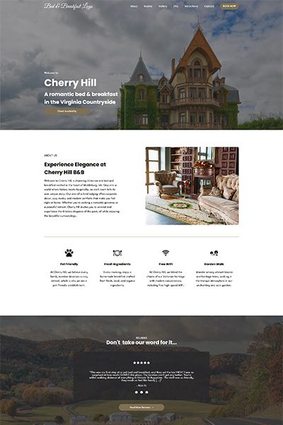 Cherry Hill website homepage: Victorian-style building, promoting a romantic stay in Virginia.