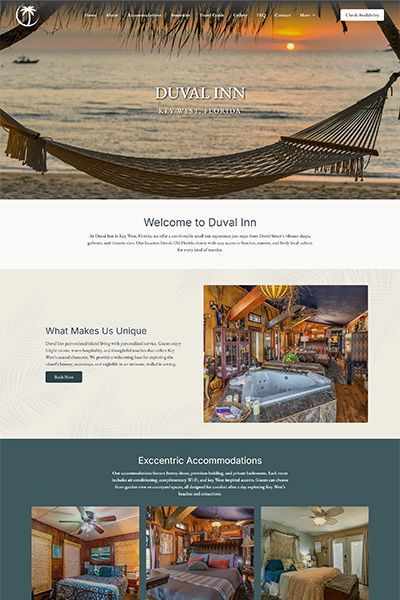 Website homepage with hammock on beach, text: Duval Inn, Welcome text and accommodation images.